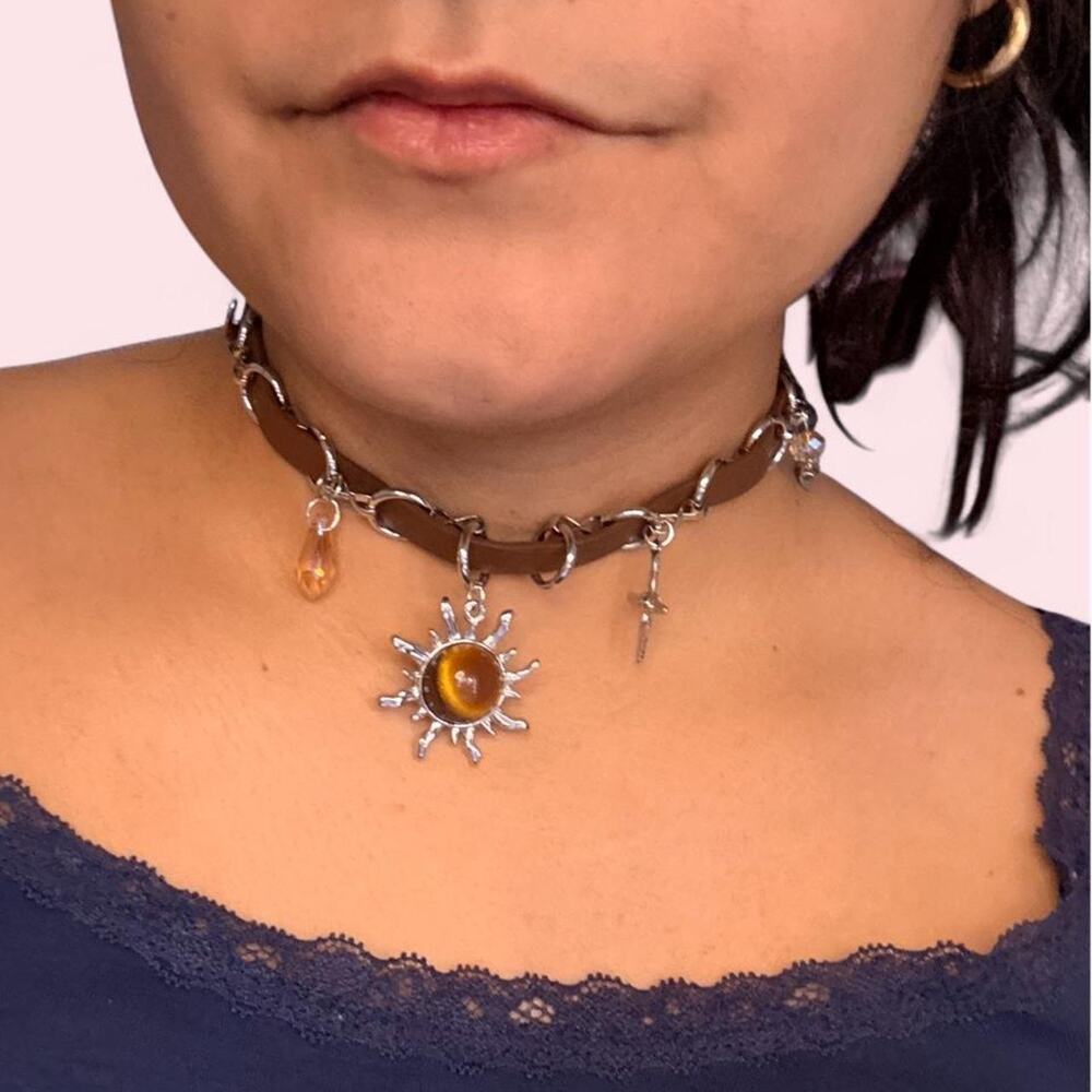 Fairycore boho brown choker with silver hardware dreamy amber sun charm whimsi
